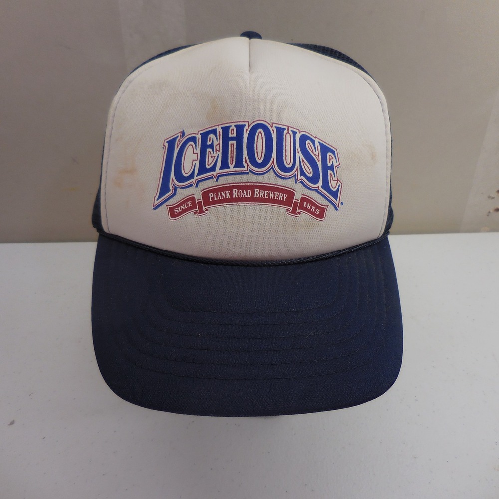 Vintage Icehouse Plank Road Brewery Trucker Hat Navy‎ Blue White Snapback Cap KC